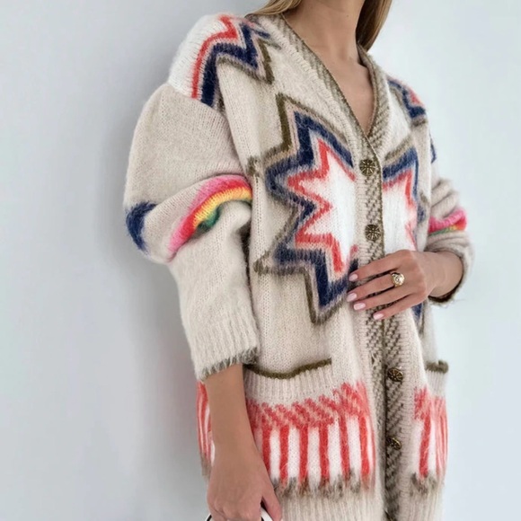 Cozy Multicolor Star Patterned Cardigan - Picture 6 of 16